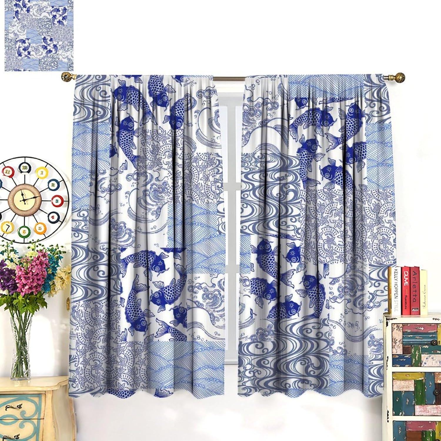 Asian Japanese Blackout Curtains, Japanese Patchwork Arts Craft Pattern Nature Botanic Wildlife Window Drapes, for Living Room Bedroom 52" W X 84" L