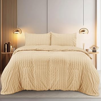 Utopia Bedding Seersucker Duvet Cover for Bed 105   Set of Microfibre Seersucker Duvet Cover 200 x 200 cm and 2 Pillowcases 50 x 75 cm Beige