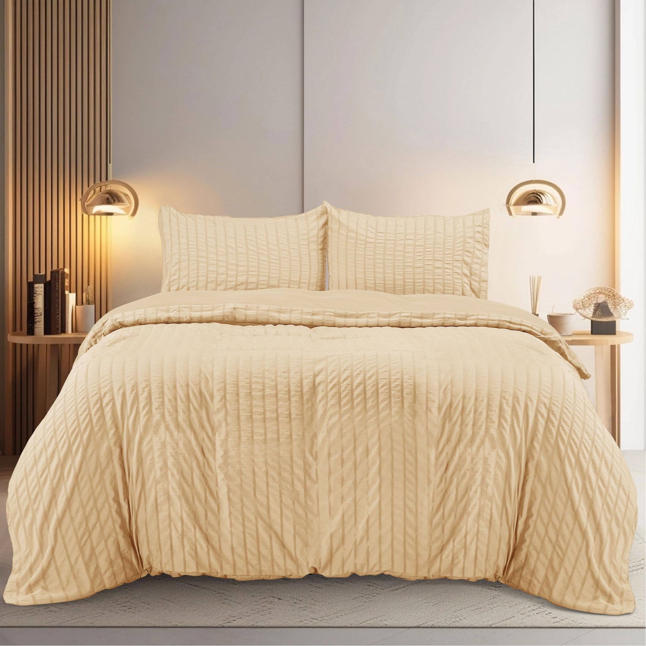 Utopia Bedding Seersucker Duvet Cover Set - Pack of 8 - King Size Duvet Cover Set with Pillowcases - Soft Microfibre Polyester Seersucker Bedding (Beige) โ image 1