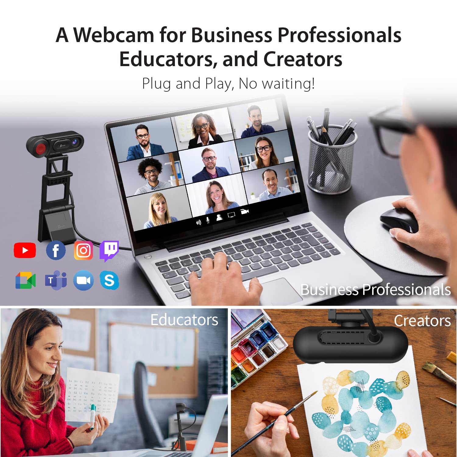 j5create 1080P Dual Mode Webcam and Document Camera with Auto & Manual Focus, Magnetic Privacy Cover for PC, Laptops | for Live Streaming, Video Calls, Online Meetings, Online Classes (JVU250)