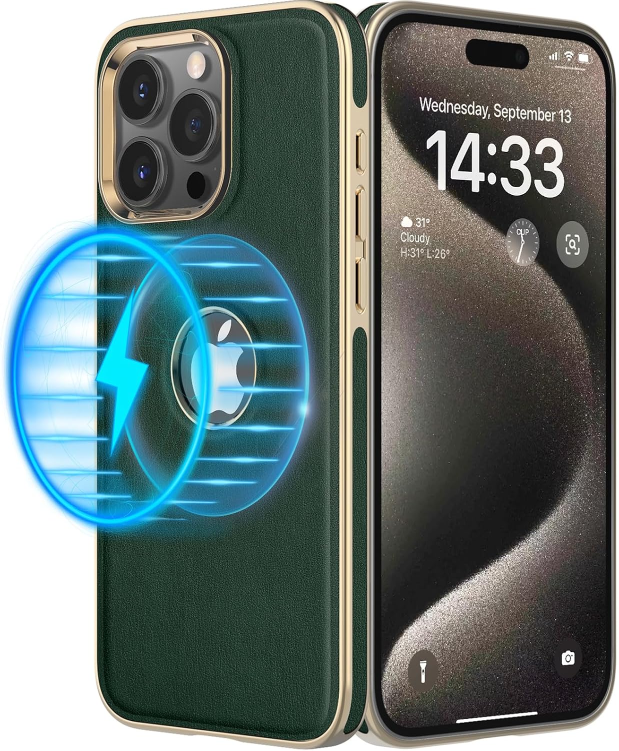 LOHASIC for iPhone 15 Pro Max Leather Case with MagSafe – Luxury Soft Magnetic Designer Cover with Logo Cutout, Luxury Elegant Aesthetic Case for iPhone 15 Pro Max, Green + Gold