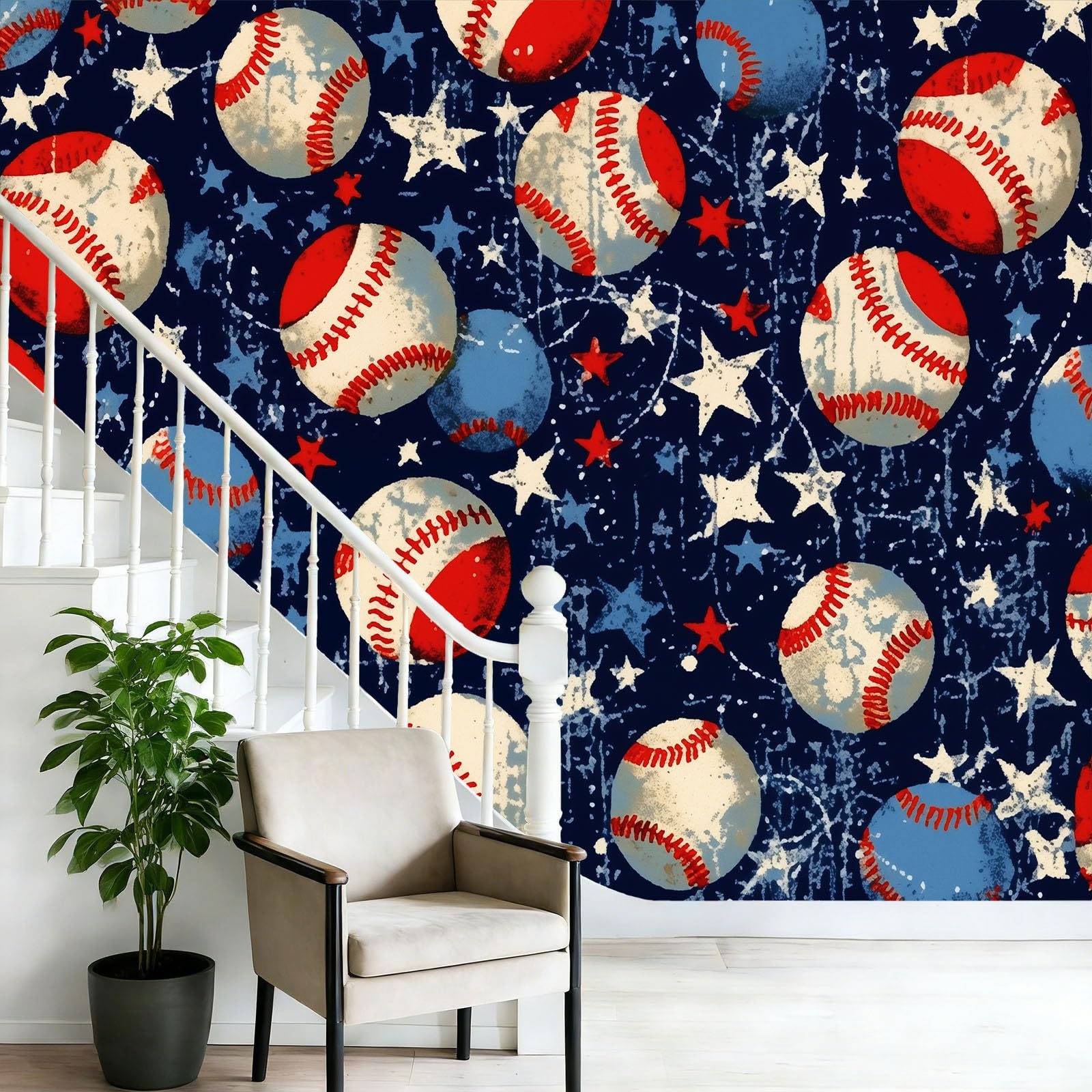 Fototapeta retro sport baseball gwiazdy fototapeta sztuka kalkomania niebieska czerwona tapeta plakat obraz do dekoracji wnętrz salon sypialnia kuchnia pokrycie ścian, 350 x 256 cm