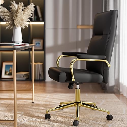 Miniatura 7 de Silla de oficina negra y dorada de espuma viscoelástica, silla de oficina con respaldo alto con brazos y ruedas, silla de escritorio ejecutiva de