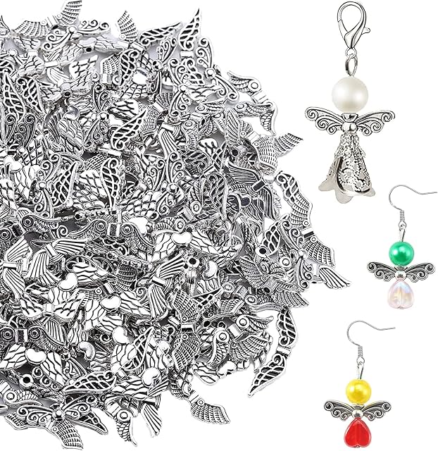 HERZWILD 100g Metal Angel Wing Charms , Tibetan Wing Spacer Beads Silver Fairy Wing Spacers for Earring Bracelet Pendants Necklace Jewelry DIY Craft Making