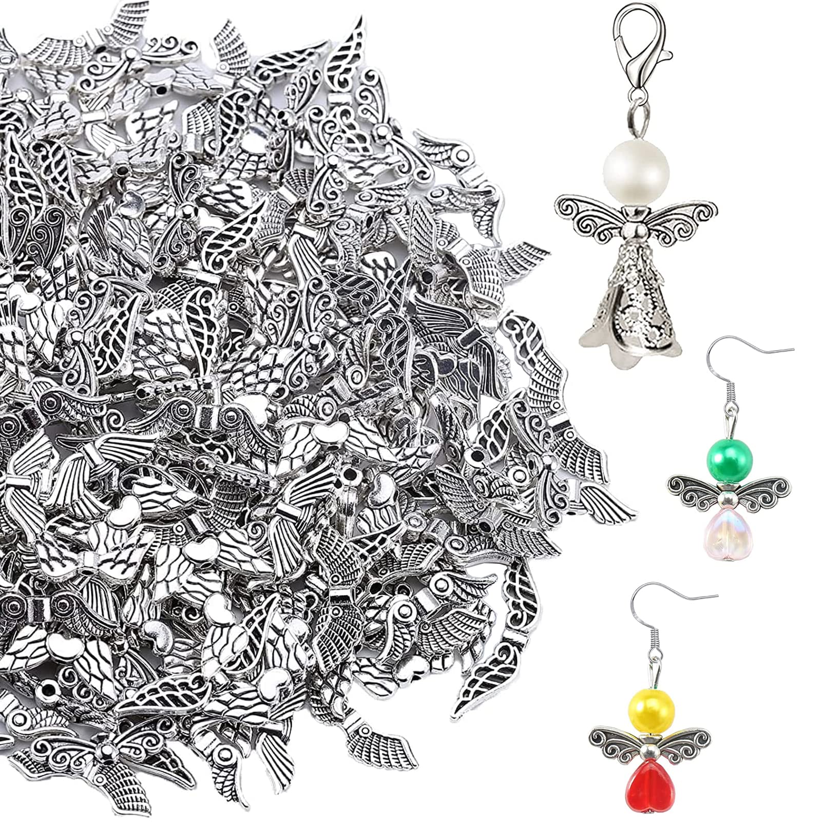 HERZWILD 100g Metal Angel Wing, Tibetan Spacer Beads Silver Fairy Spacers for Earring Bracelet Pendants Necklace Jewelry DIY Craft Making