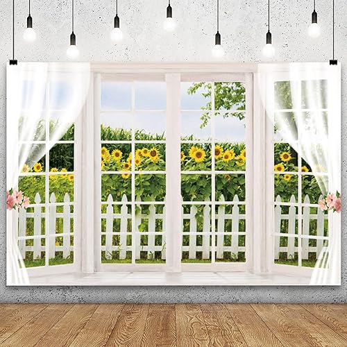 YongFoto Telón de fondo de ventana de primavera de 5 x 3 pies, girasol amarillo, valla de madera rústica, campo, jardín, naturaleza, paisaje, niña,