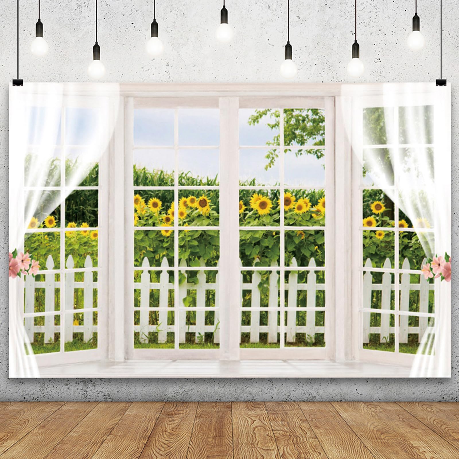 YongFoto 5x3ft Spring Window Scenery Backdrop Yellow Sunflower Rustic Wood Fence Countryside Garden Nature Landscape Girl Woman Birthday Party Wedding
