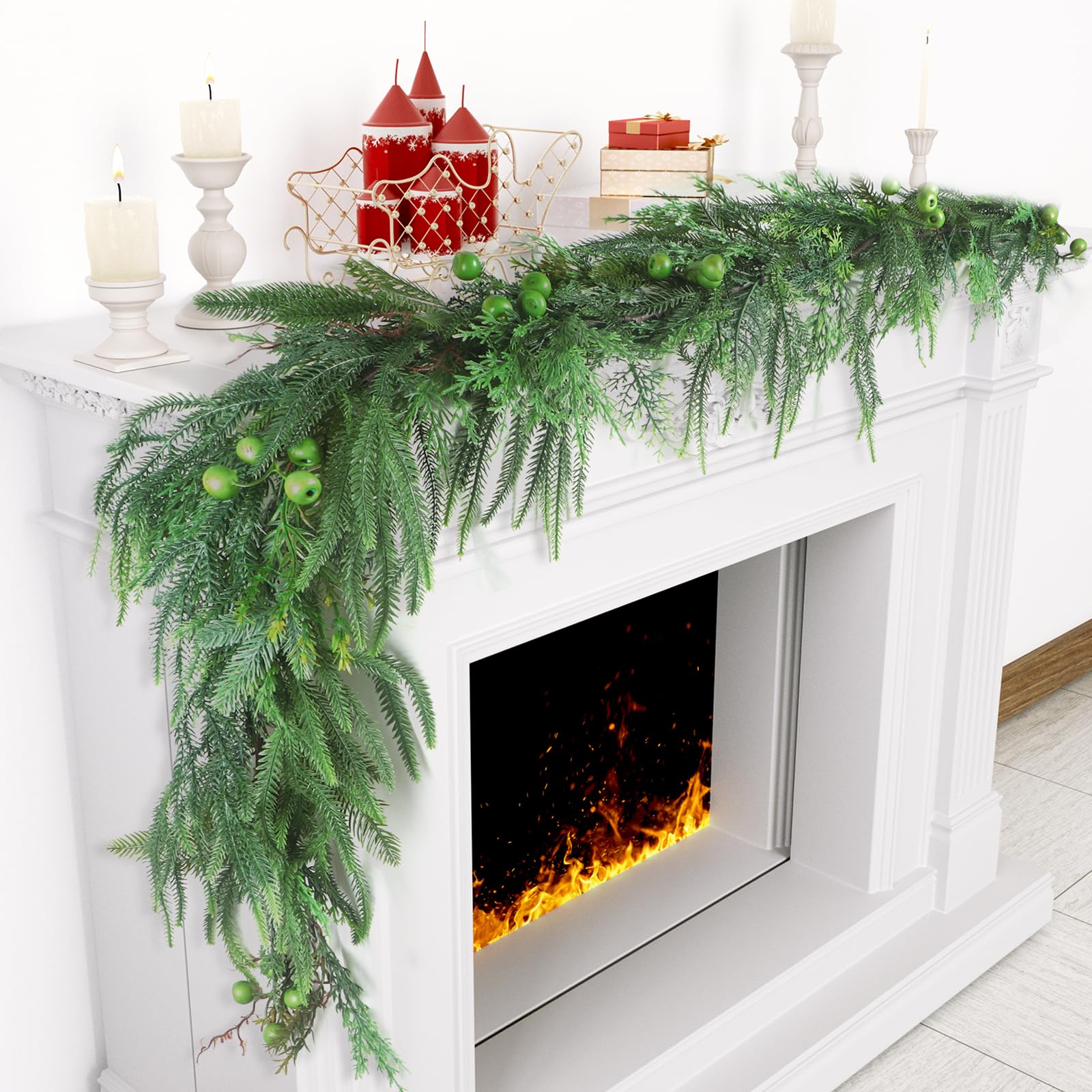 Norfolk Guirnalda de ciprés de Pino Artificial Suave con Bayas Verdes de 1,8 m, Guirnalda Verde al Tacto Real para Mesa, Chimenea, balaustrada de Escalera, Decoraciones navideñas