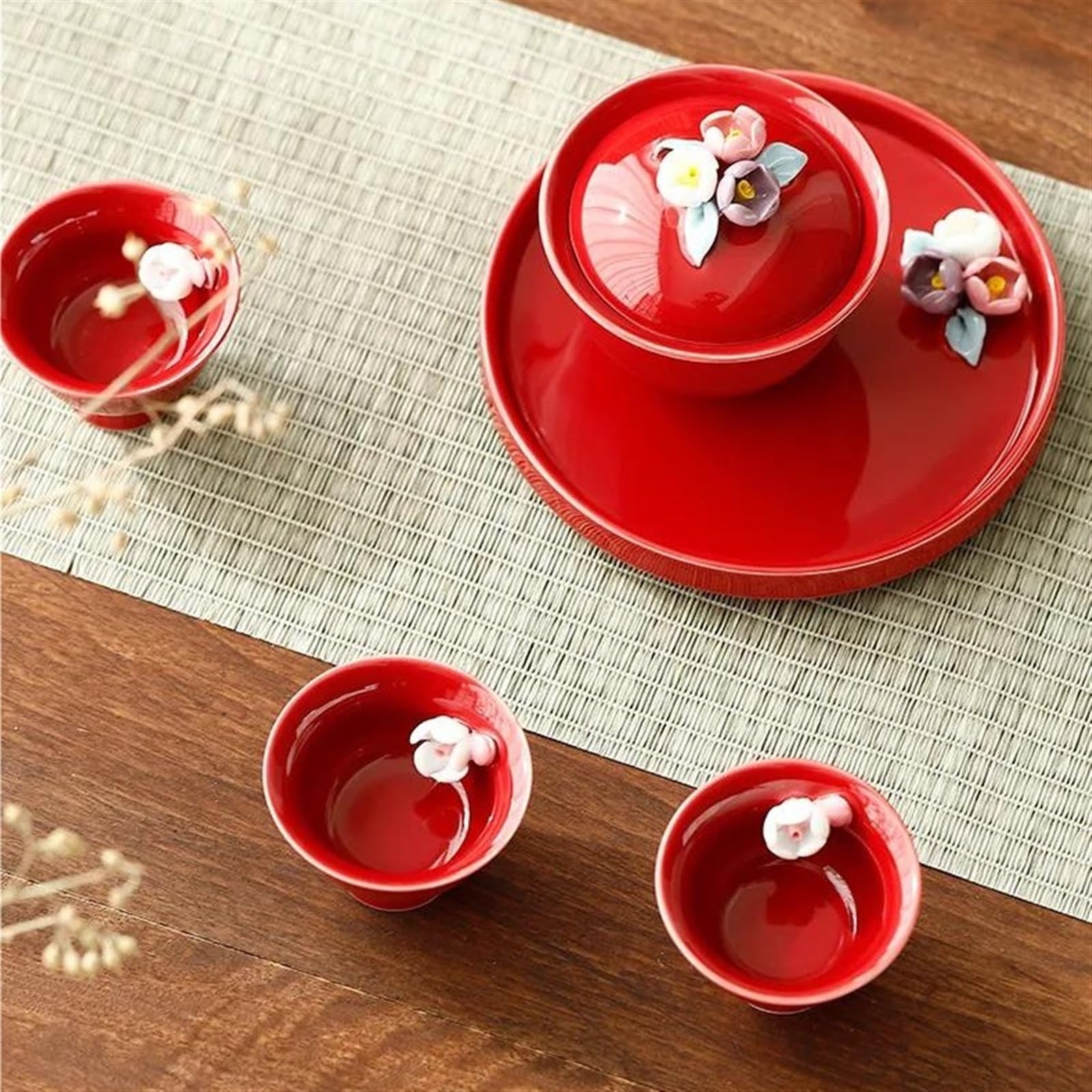 Teeservice, handgeknetete Blumen-Teetasse, Kung-Fu-Teeservice, Keramik-Teetassen-Set, Teegeschirr, Teeschale, rot, chinesisches Hochzeits-Teeservice, Reise-Teeservice, Teekann(720ml White)