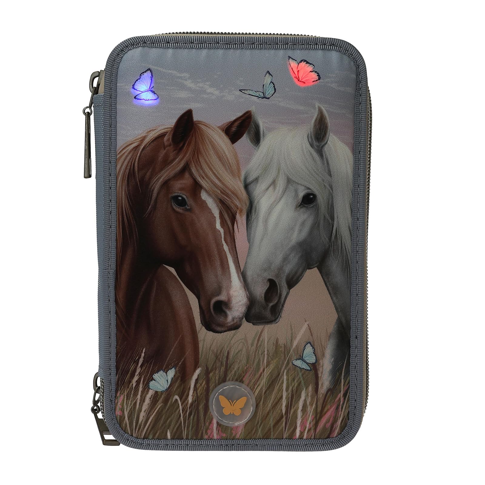 Depesche Miss Melody 3-Fach Federtasche Hellblau Beige Pferde Motiv LED-Licht Schmetterlinge Federmappe