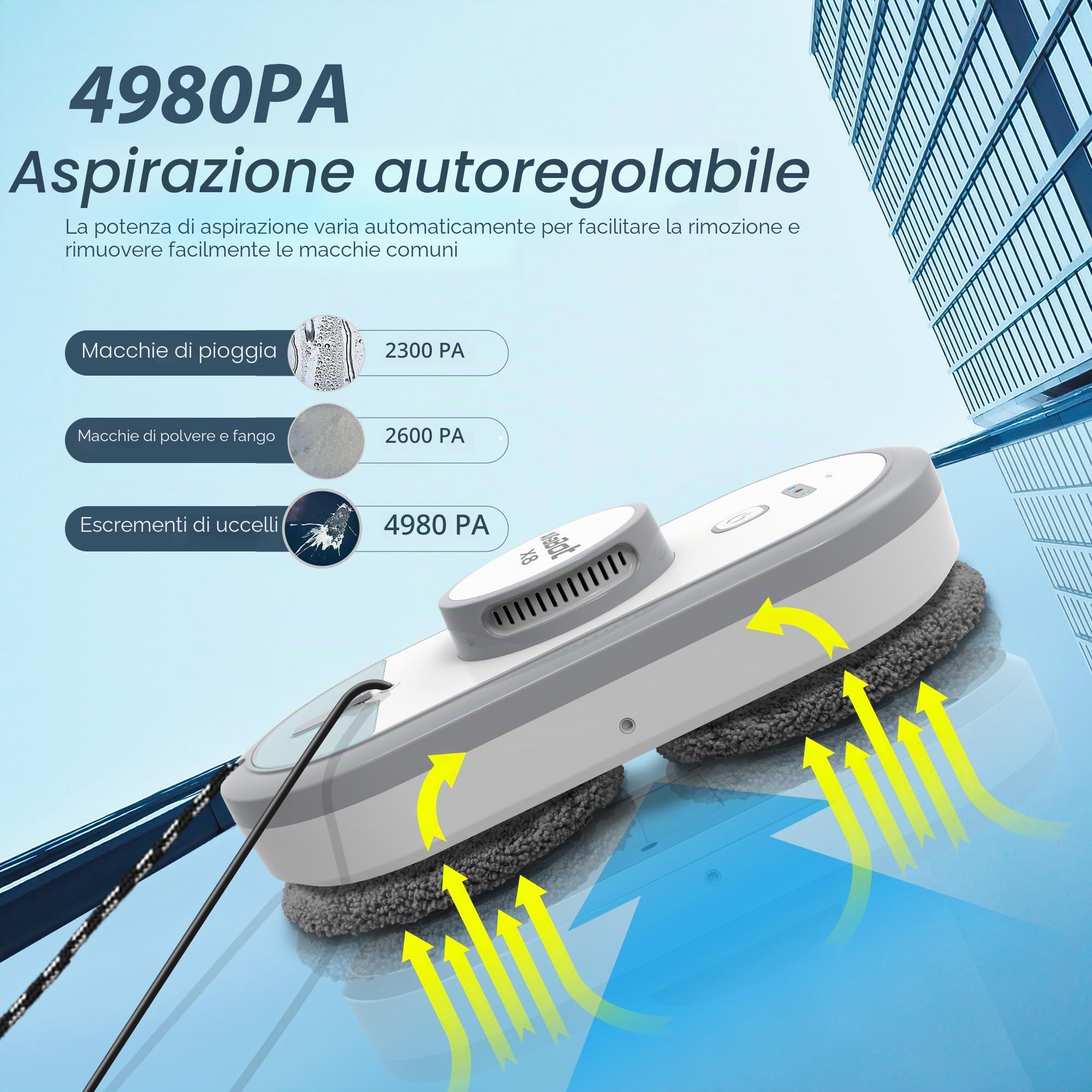 AlfaBot X8 Robot Lavavetri Elettrico Intelligente, Pulizia Automatica con Spray Bidirezionale, Serbatoio 50ml, Aspirazione 4980PA, Anticaduta, per Finestre, Specchi e Superfici Vetrate