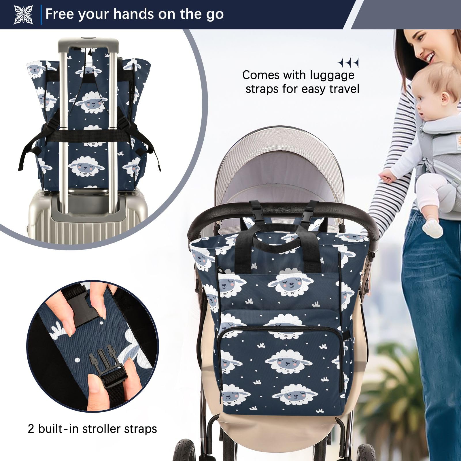 Mnsruu Pecore su sfondo blu scuro (2) borsa per pannolini per bambini zaino grande borsa impermeabile da viaggio borse per pannolini per mamme e papà