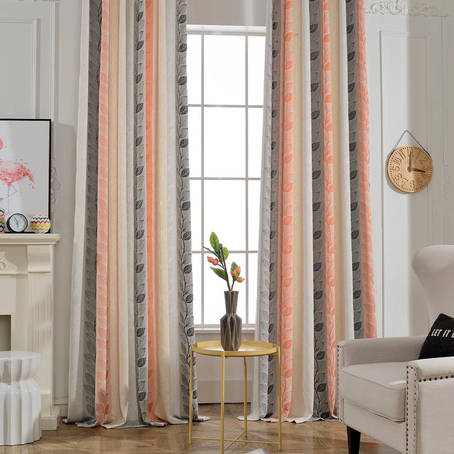 Leeva Jacquard Curtains & Drapes for Bedroom Aesthetic, Orange Leaves Pattern Light Blocking Grommet Window Treatment for Living Room, Set of 2 Drapery Panels 52 x 84 Inches