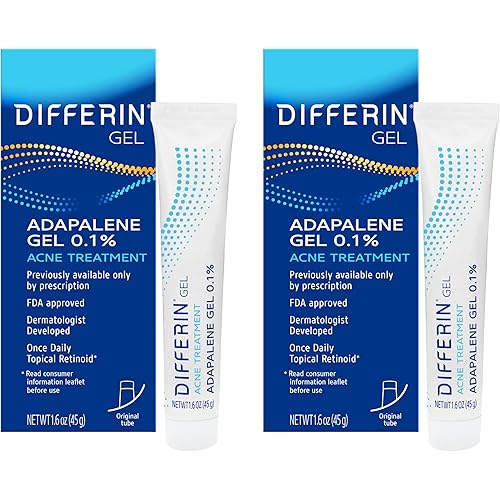 Differin Acne Treatment Gel, 60 Day Supply, Retinoid Treatment for Face with 0.1% Adapalene, Gentle Skin Care for Acne Prone Sensitive Skin, 15g Tube (Pack of 2) (Packaging May Vary)