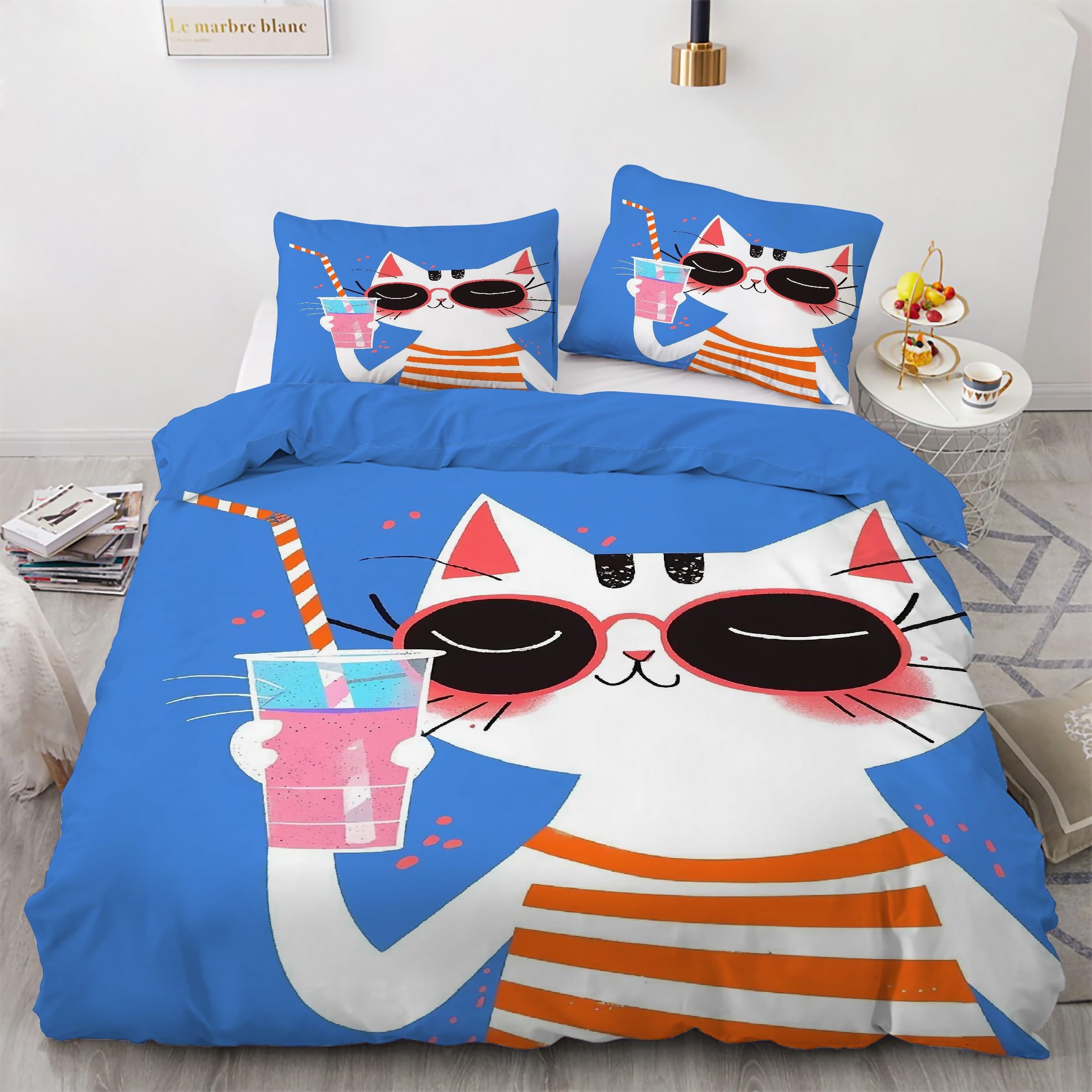Housse de couette 160x200 chat bleu fini la couette qui glisse avec ce zip