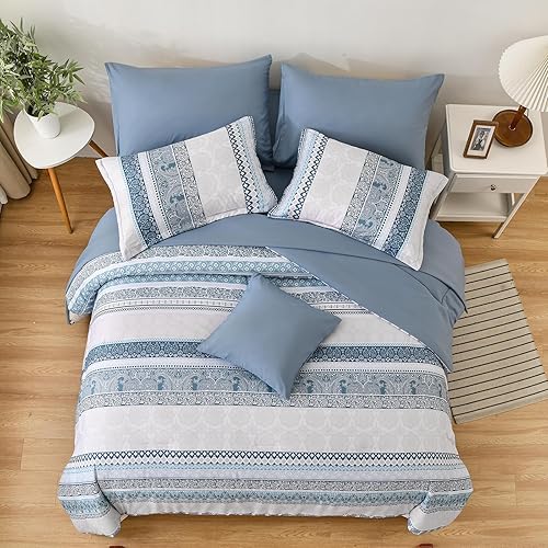 Miniatura 5 de Juego de edredón bohemio tamaño matrimonial, color azul claro, juego de edredón de 8 piezas en una bolsa, juego de ropa de cama de cachemira a rayas