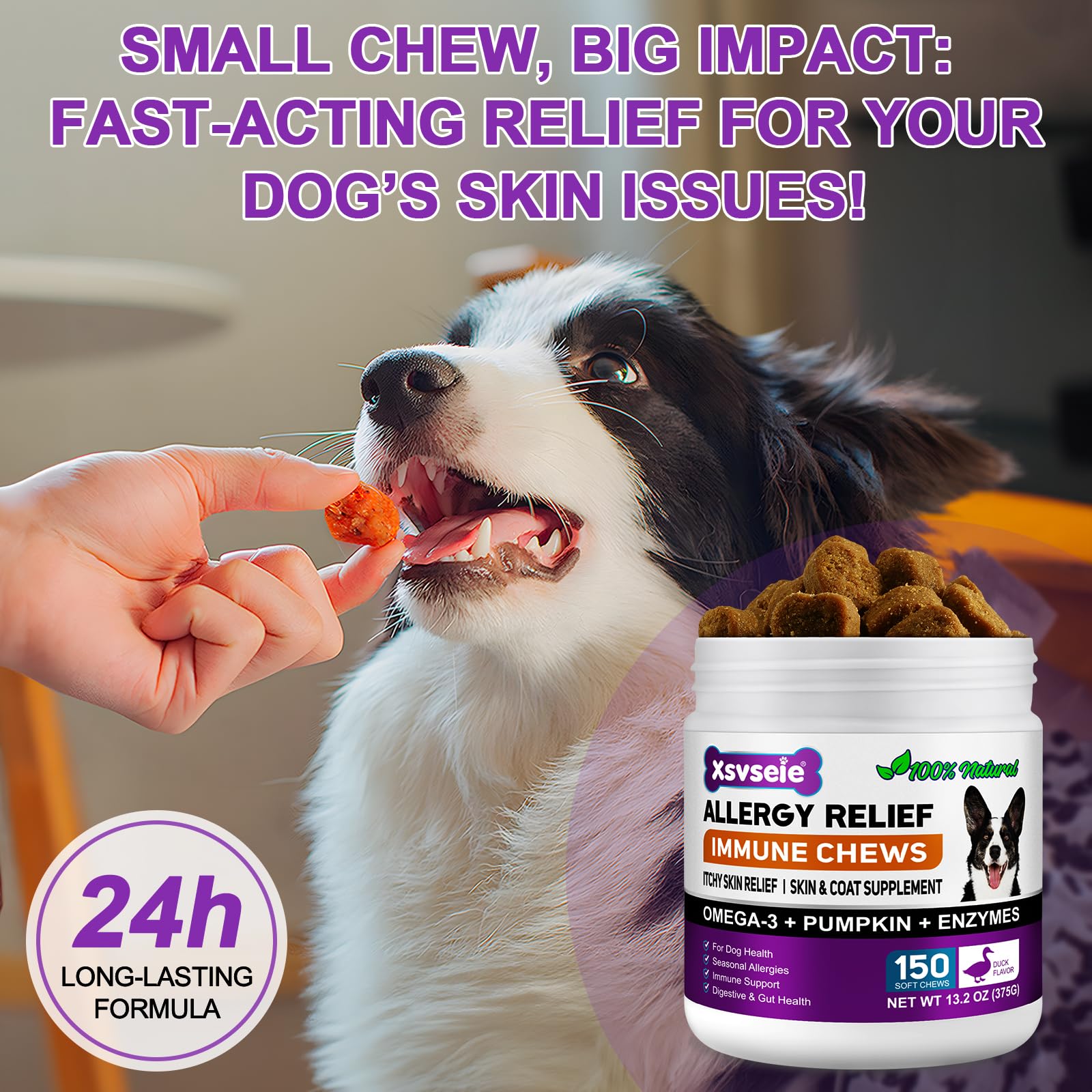Dog Allergy Relief Chews for Itchy Skin & Immune Support - 150 Soft Chews, Purple, 1Pcs - Image 4