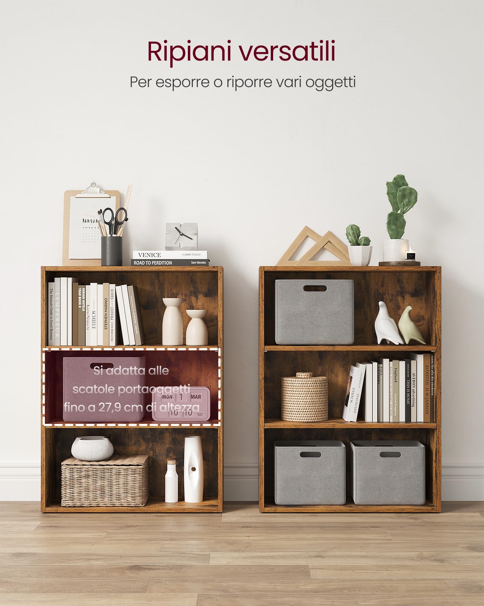 VASAGLE Scaffale a 3 Ripiani, Libreria, Scaffalatura Portaoggetti, Organizzatore con Scomparti, Ripiani Aperti e Regolabili, per Soggiorno, Ufficio, Camera da Letto, Marrone Vintage LBC163X01