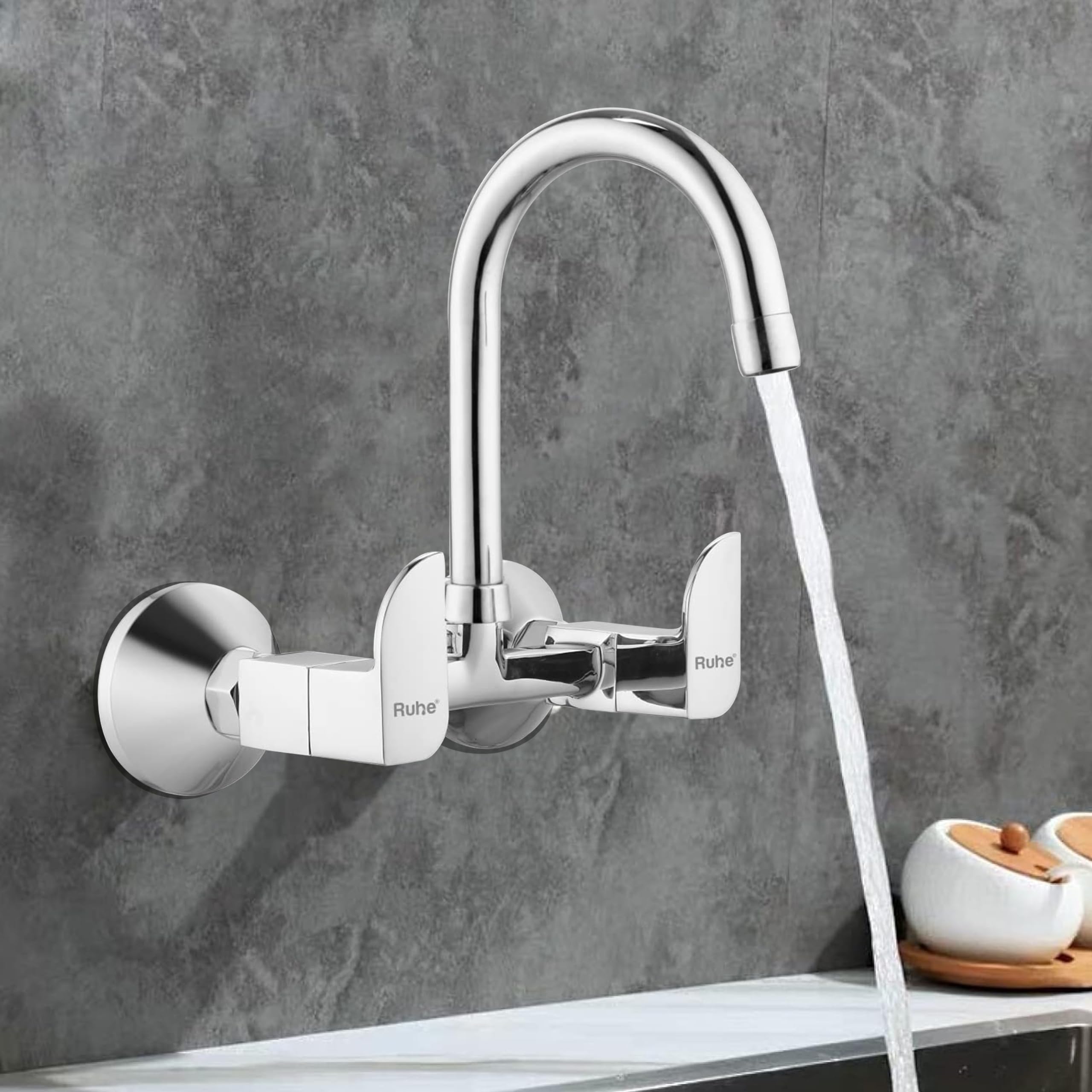 Ruhe® Pristine Double Lever Sink Mixer Swivel Spout Faucet/Tap | Wall Mount |15 Inches Brass Faucet/Tap with Chrome Finish for Kitchen Sinks & Bathrooms (B0C58HJ19N) Amazon Price History, Amazon Price Tracker