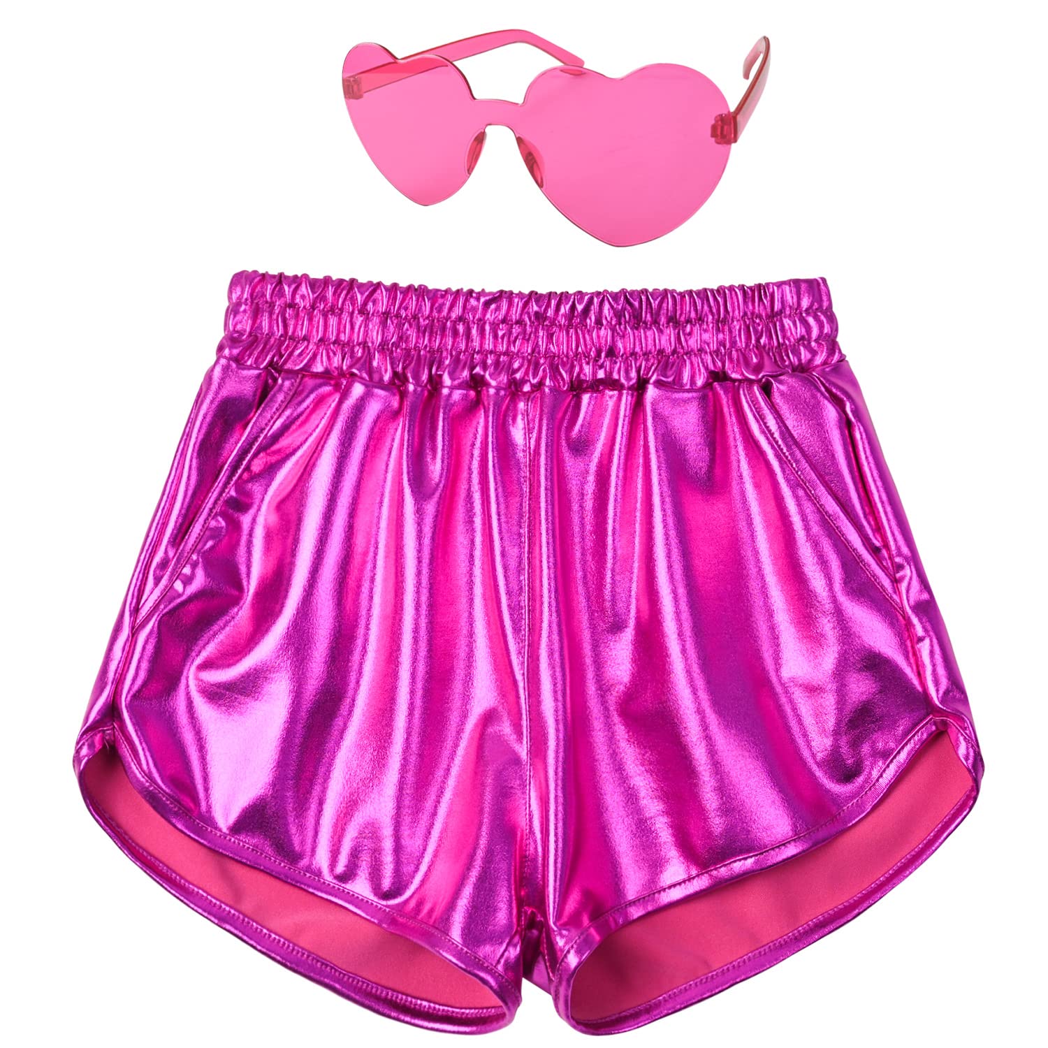 Mirawise Girls Metallic Shorts Shiny Hot Pants Sparkly Dance Outfits Short Pants with Sunglasses