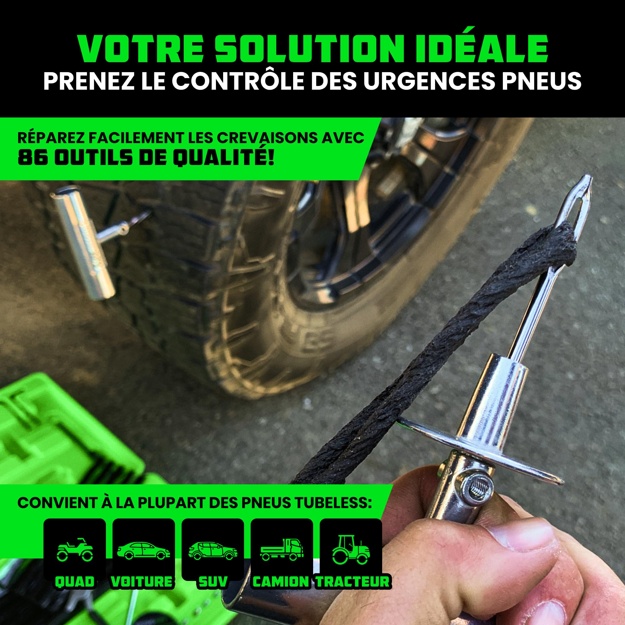 Rhino USA Kit de Réparation de Pneus (86 pièces) Kit Professionnel pour réparer crevaisons & rustines tubeless – Outils complets pour Voiture, Moto, Quad, UTV, Camping-Car et remorque