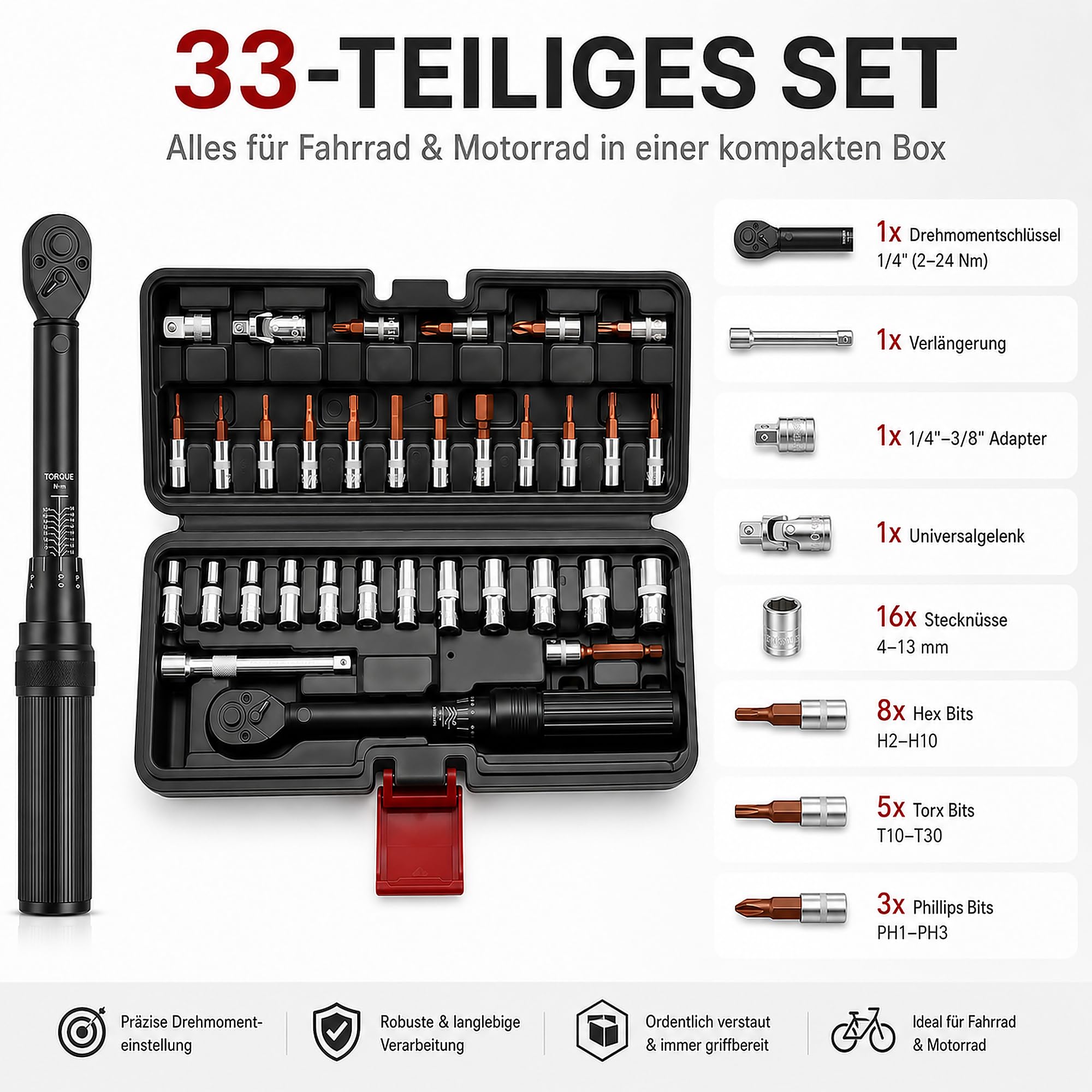 Torque Wrench für Fahrrad & Motorrad 33-tlg, Drehmomentschlüssel Set 1/4" 2-24 Nm, Motorrad/Fahrrad mit 1/4"-3/8" Adapter