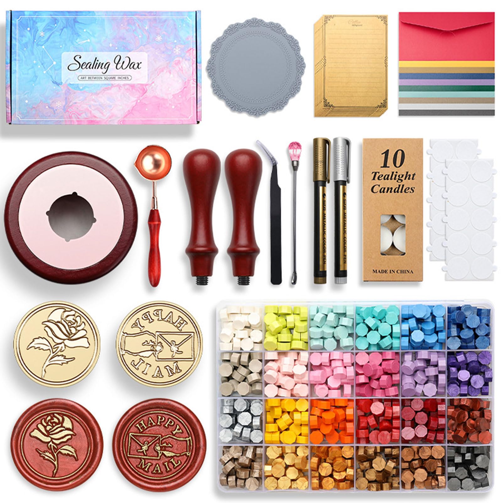 Wax Seal Stamp Kit, 24 Colors and 600 Pcs Beads with Gift Box, Sealing Wax Warmer, Stamp, Spoon and Metallic Pen, for Spring Gift and Decoration (Red