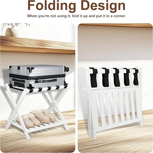 Miniatura 5 de Bastidores de equipaje totalmente montados, paquete de 2, soporte plegable de bambú mejorado para maleta con 5 correas de nailon, soporte de