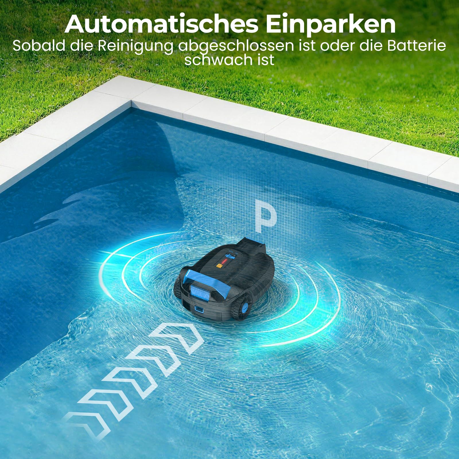 Poolroboter, Kabelloser Poolsauger Akku 5000 mAh, 120 Minuten Reinigungszeit, Automatische Reinigung mit Selbsteinparkfunktion, 6057 LPH Leistungsstarker Poolsauger für Pools 80 m², PC01