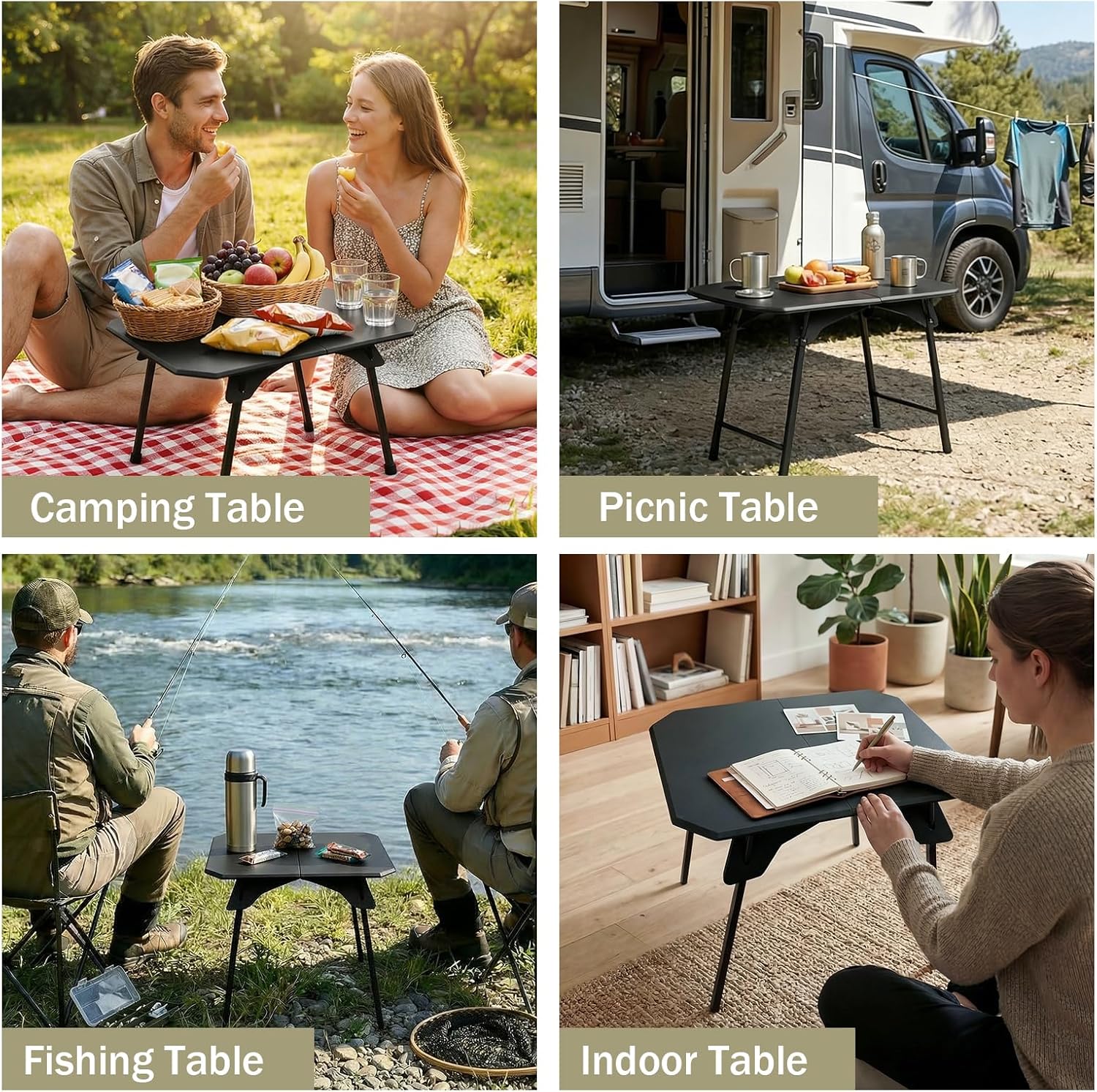 Folding Camping Table, 2-in-1 Adjustable Height Portable Outdoor Aluminum Camp Desk with Carrying Bag, Lightweight Foldable Table for Picnic, Beach, BBQ, Hiking, Fishing, Travel (Black)