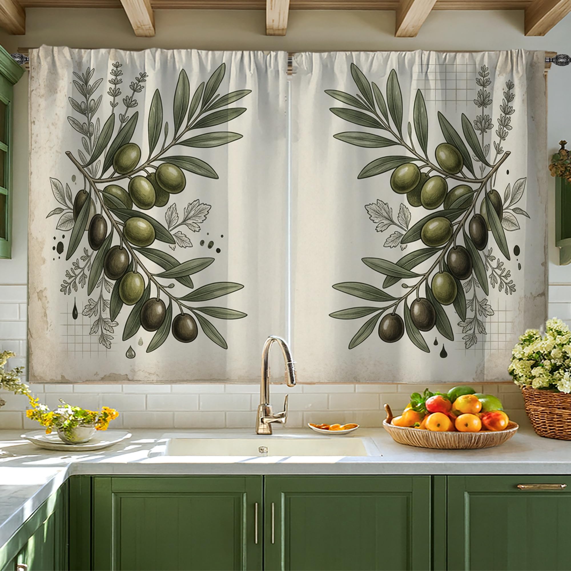 Rideau de cuisine rustique vert olive confectionné pour fenêtre étroite