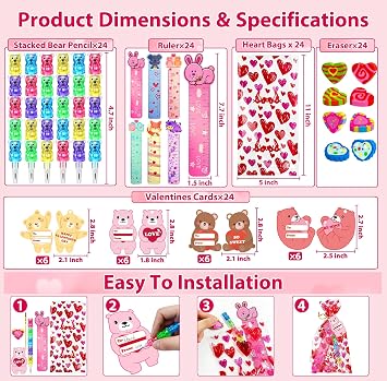 24 Pack Valentines Day Classroom Exchange Gift for Kids with Stationery Set Assorted Valentines Day Cards for Kids School Valentines Party Favors for Class with Goodie Bag and Pencils, Erasers, Rulers