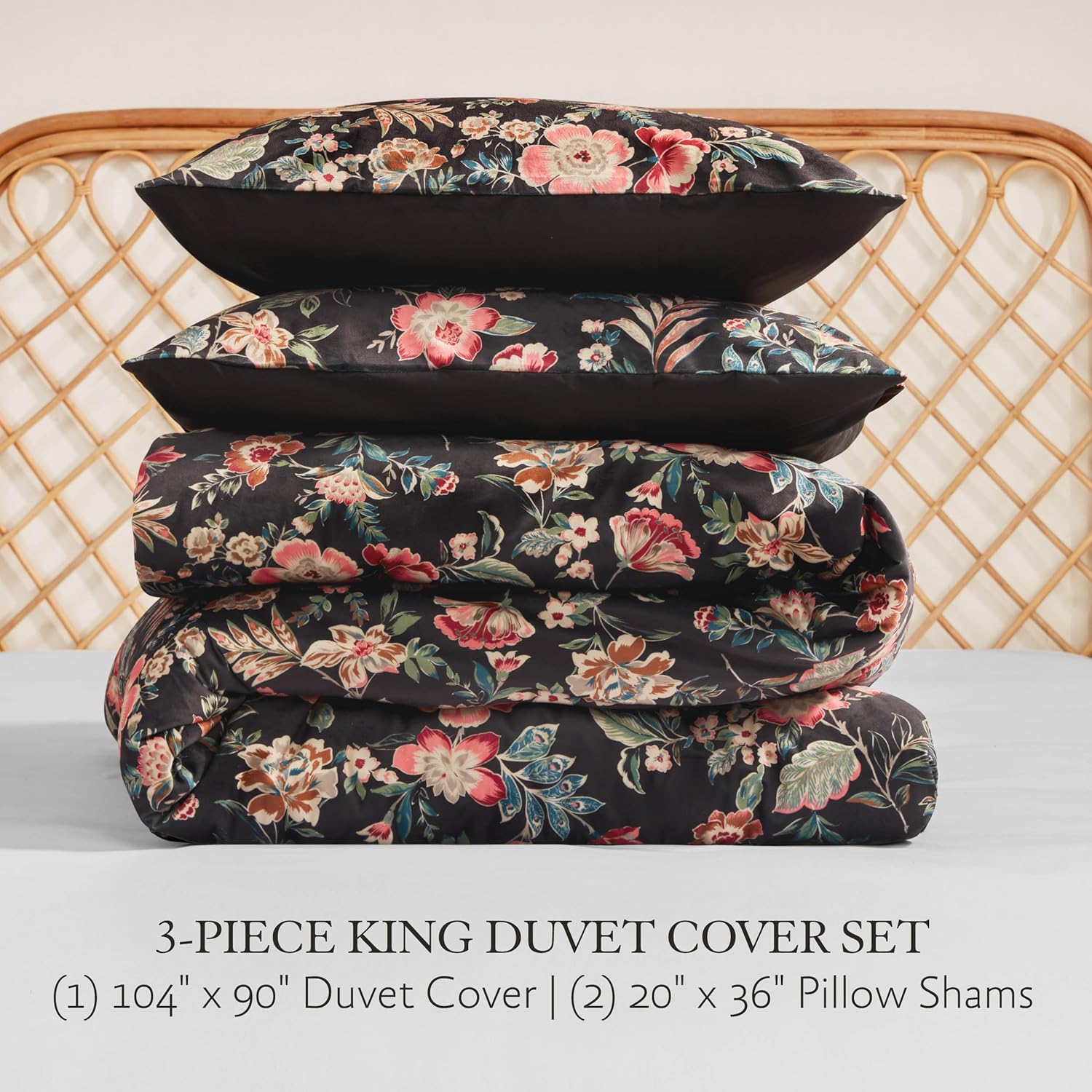 Jessica Simpson Arcadian Blooms Velvet Duvet Cover Set King Size Bedding Set Ensemble - 3 Piece Set