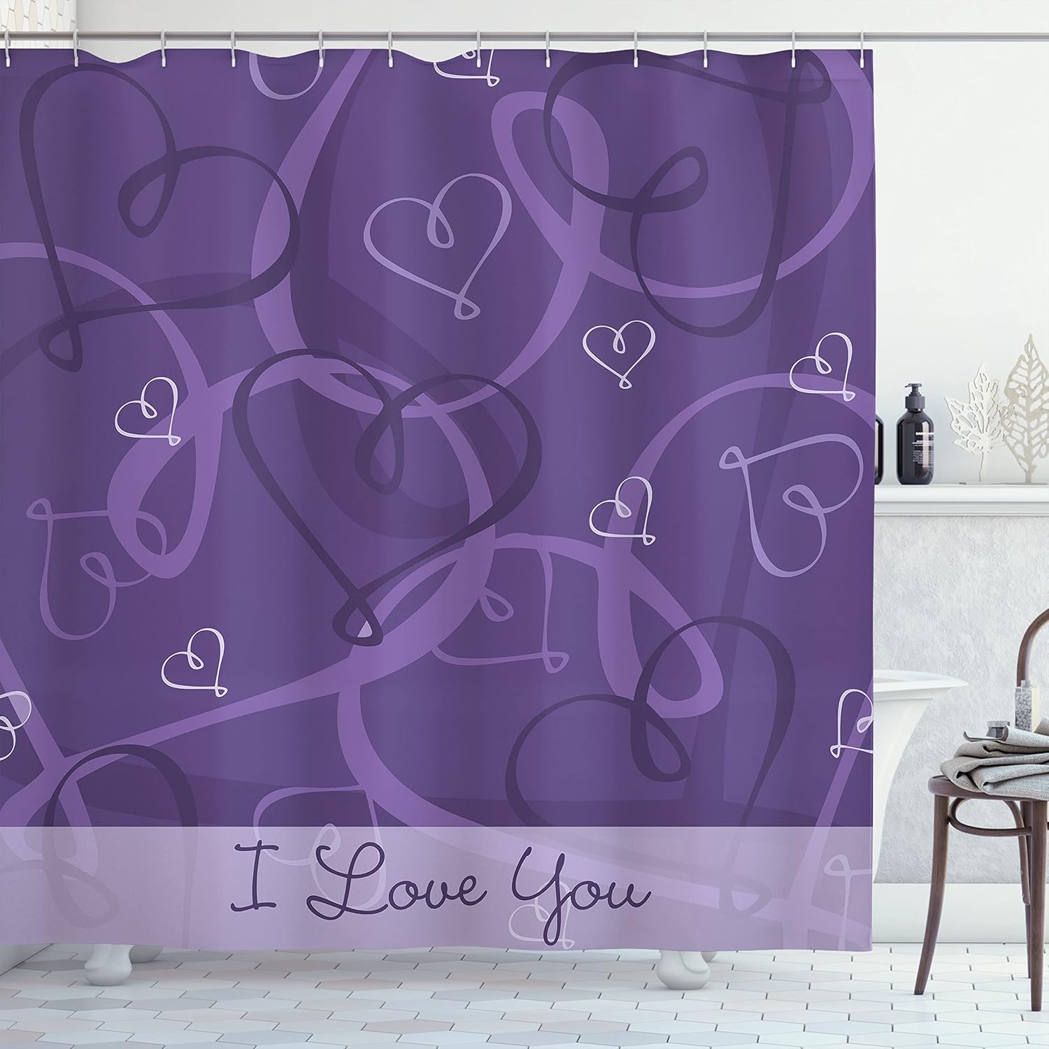 Ambesonne Romantic Shower Curtain, Lavender Colored Adoration Themed Image Hand Drawn Hearts Print, Cloth Fabric Bathroom Decor Set with Hooks, 69" W x 75" L, Eggplant Purple