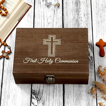First Communion Wooden Box Keepsake Baptism Memory Box Gift First Holy Communion Jewelry Storage for Baptism Memory Keepsake, 8.5 x 6 x 3 inchesClassic Cross
