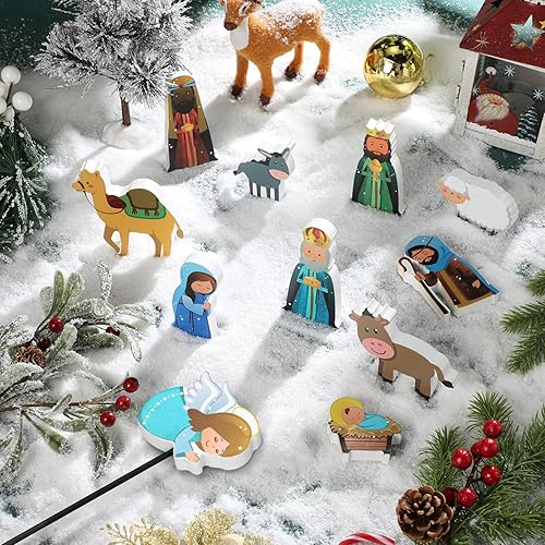 Miniatura 7 de Geelin Juego de 15 piezas de pesebre para niños, figuras de belén de madera, pesebre de Navidad, pesebre, pesebre, fiesta, dormitorio, decoración