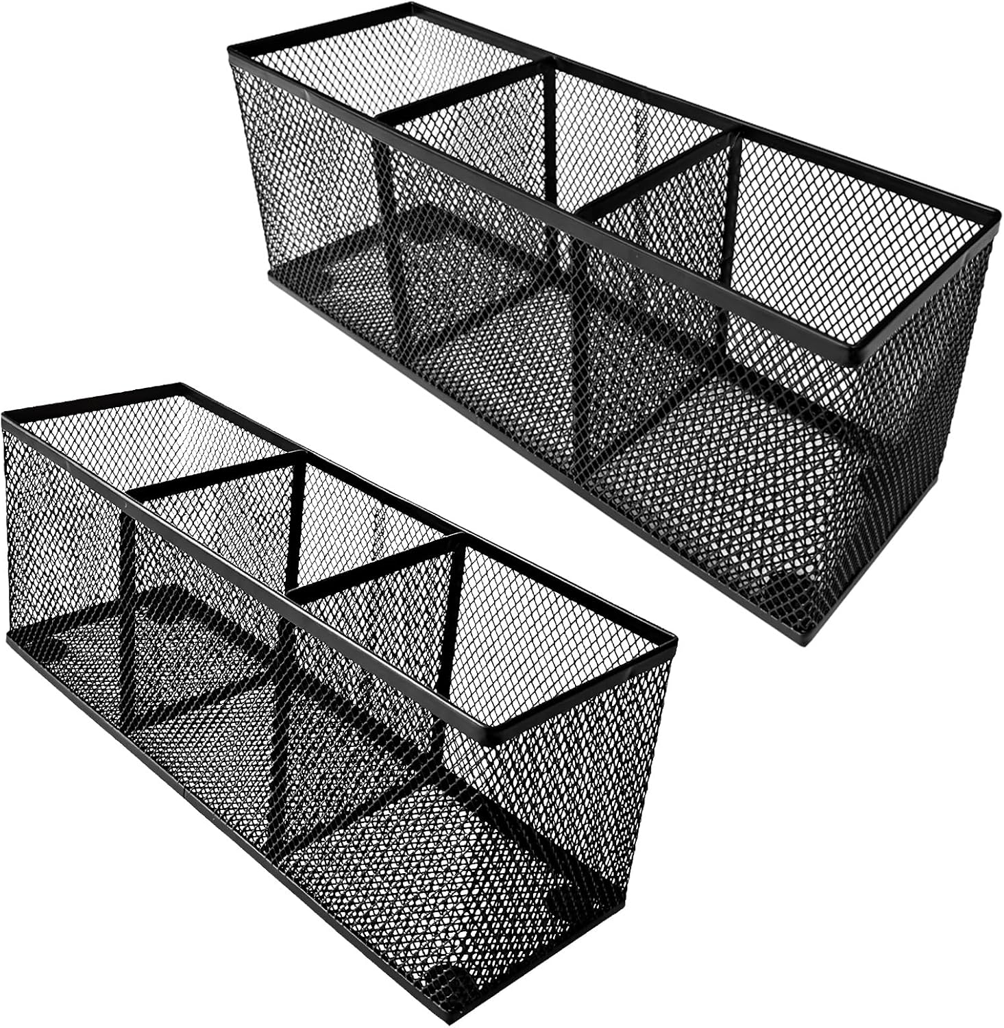 Pencil Holder, Metal Mesh Pen Holder Desk Organizer 3 Compartments for Office School Home Supplies or Accessories,Kitchen Utensil,Small 10.43 x 3.3 x3x4 inch, Black(2pc pack)
