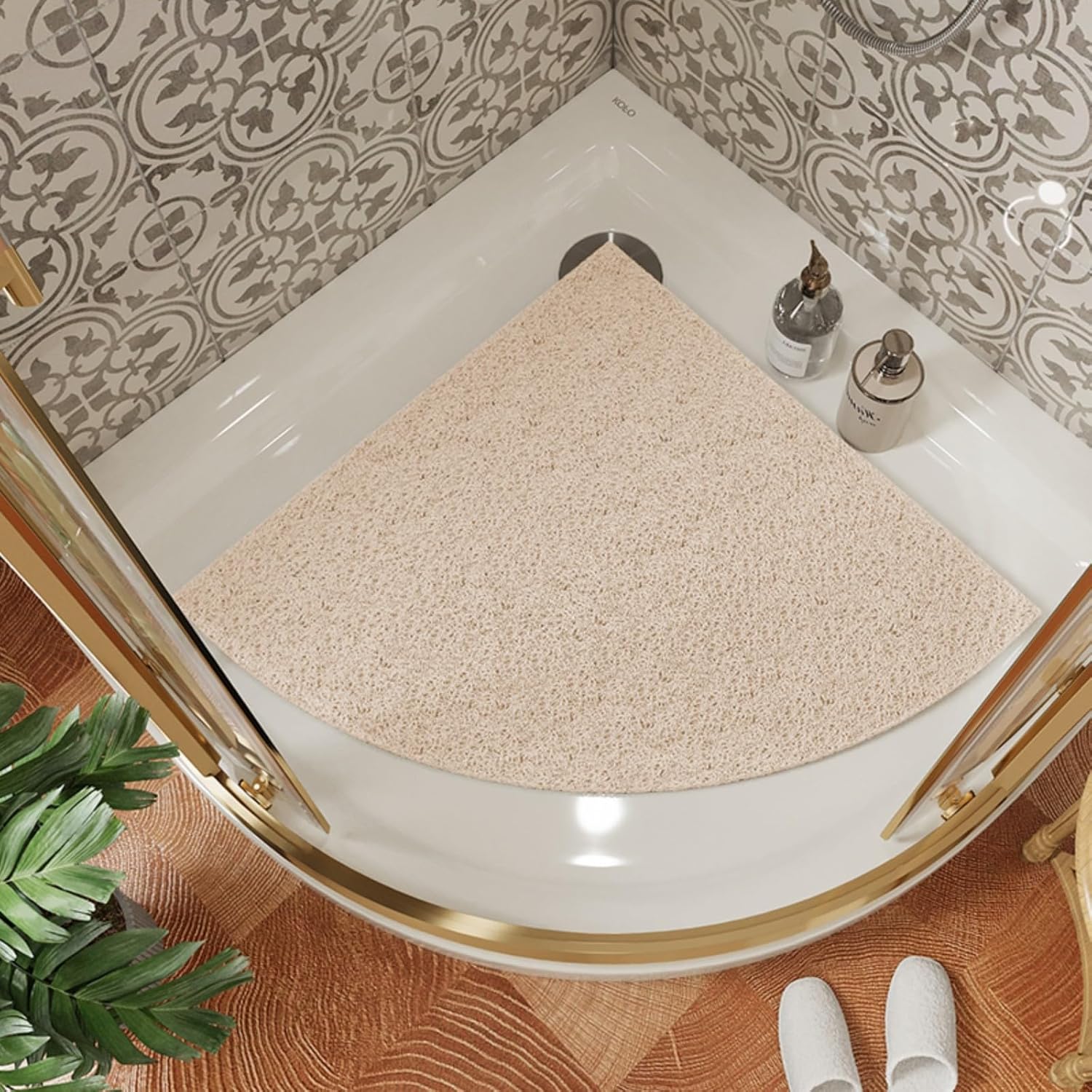 Non-Slip Corner Shower Mats for Inside Shower, Quick Dry Large Triangle Bath Mat, Stand Up Shower Mat with Drainage Holes for Adult, Kids (Black-Gray, 31.5''X31.5'')