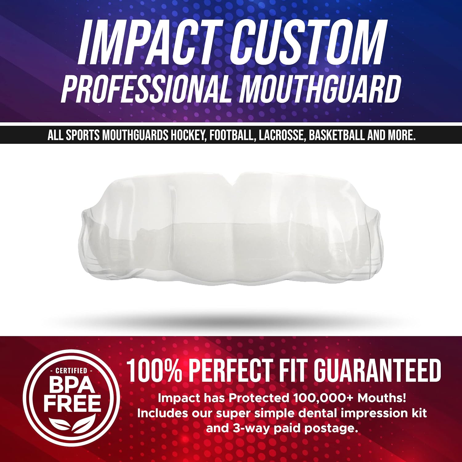 Impact All Sports Mouthguard Lacrosse, Football, Hockey, Basketball, ​​Jiu-Jitsu, and More, Breathable Mouthguard for Youth Adults, Professional Custom-Fit, Clear