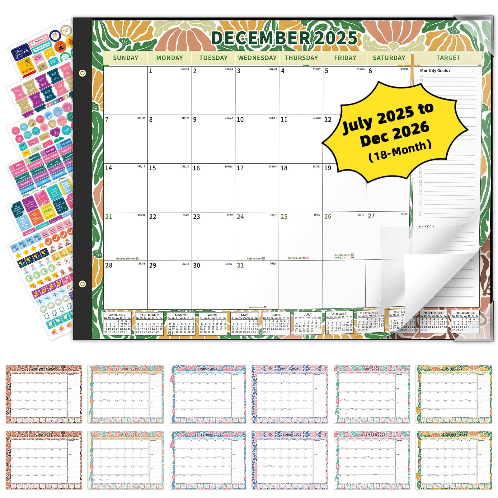 Ospelelf Desk Calendar 2025-2026 Large 22'' x 17'', 2026 Monthly Desktop Calendar with Plastic Cover, 18 Month Family Calendar, Use July 2025 - Dec