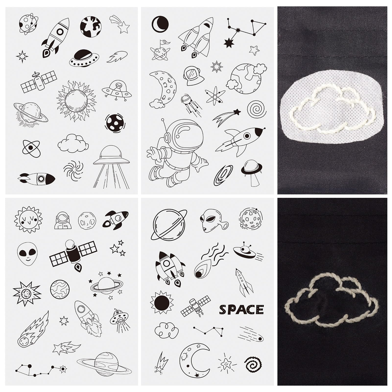 Magibeads 68 Patterns Space Theme Water Soluble Embroidery Patterns Rocket Planets Astronauts Stick and Stitch Transfer Embroidery Paper for Adult Beginners Hand Sewing Starter Kit