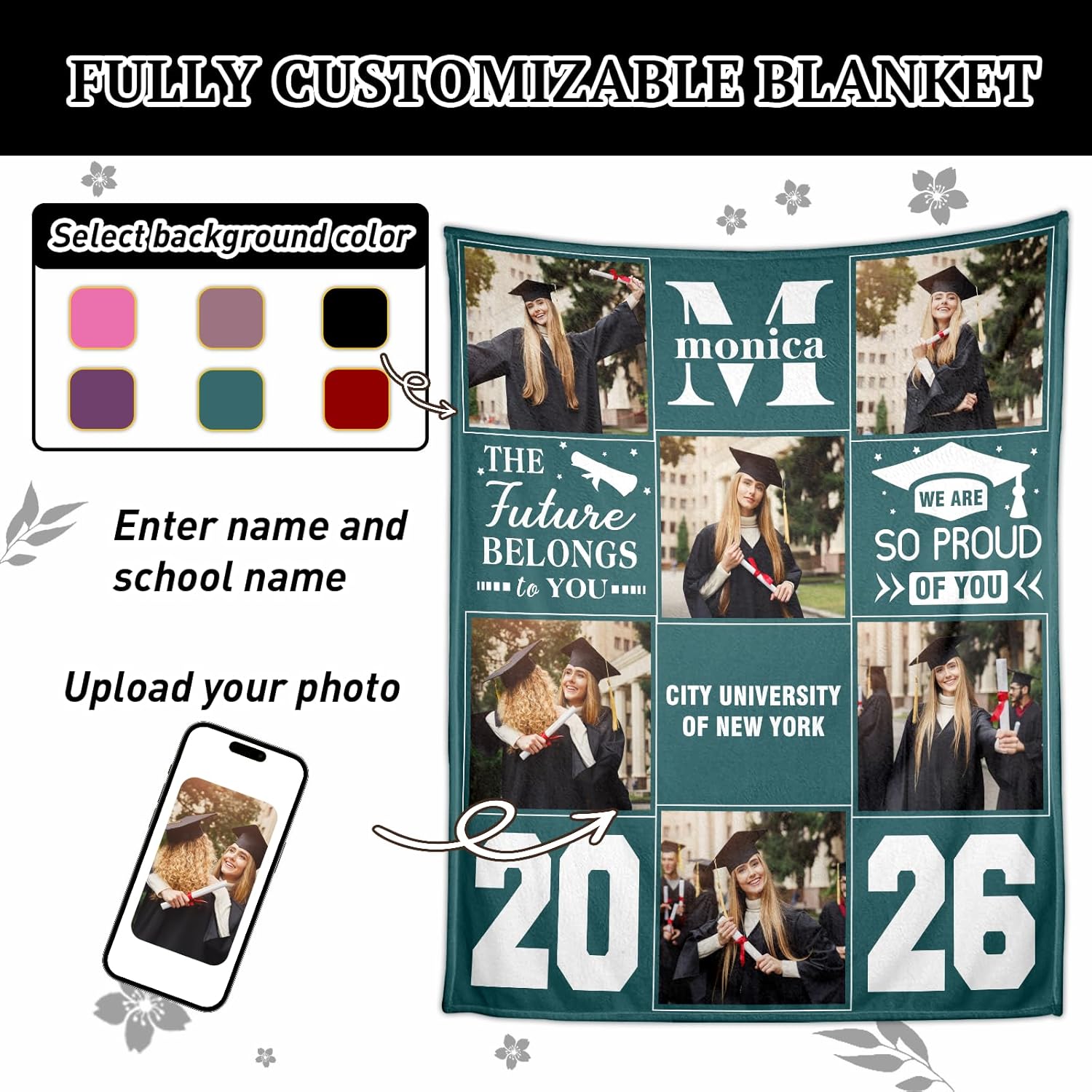 Ship Next Day, Senior 2026 Gifts Custom Graduation Blanket with Photos- Print in USA,Personalized Class of 2026 Graduation Blankets Customized Throw Blanket Graduation Gifts for Her Him