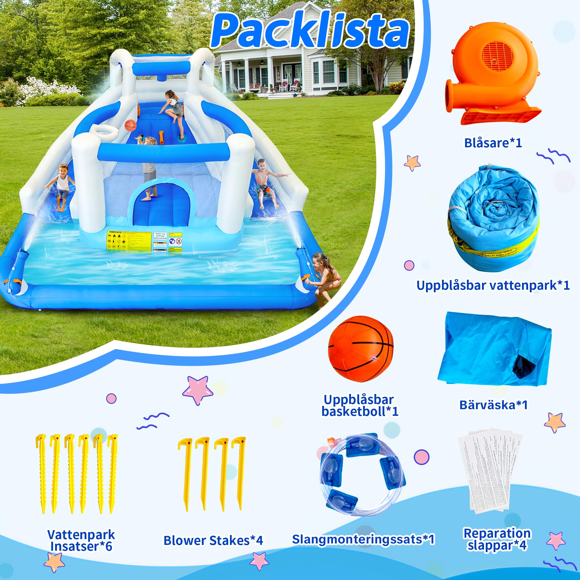 Parco giochi d'acqua gonfiabile, adatto per feste | Scivolo ad acqua, cestino da basket, 2 pistole ad acqua, castello gonfiabile per bambini, adatto per giardino e feste