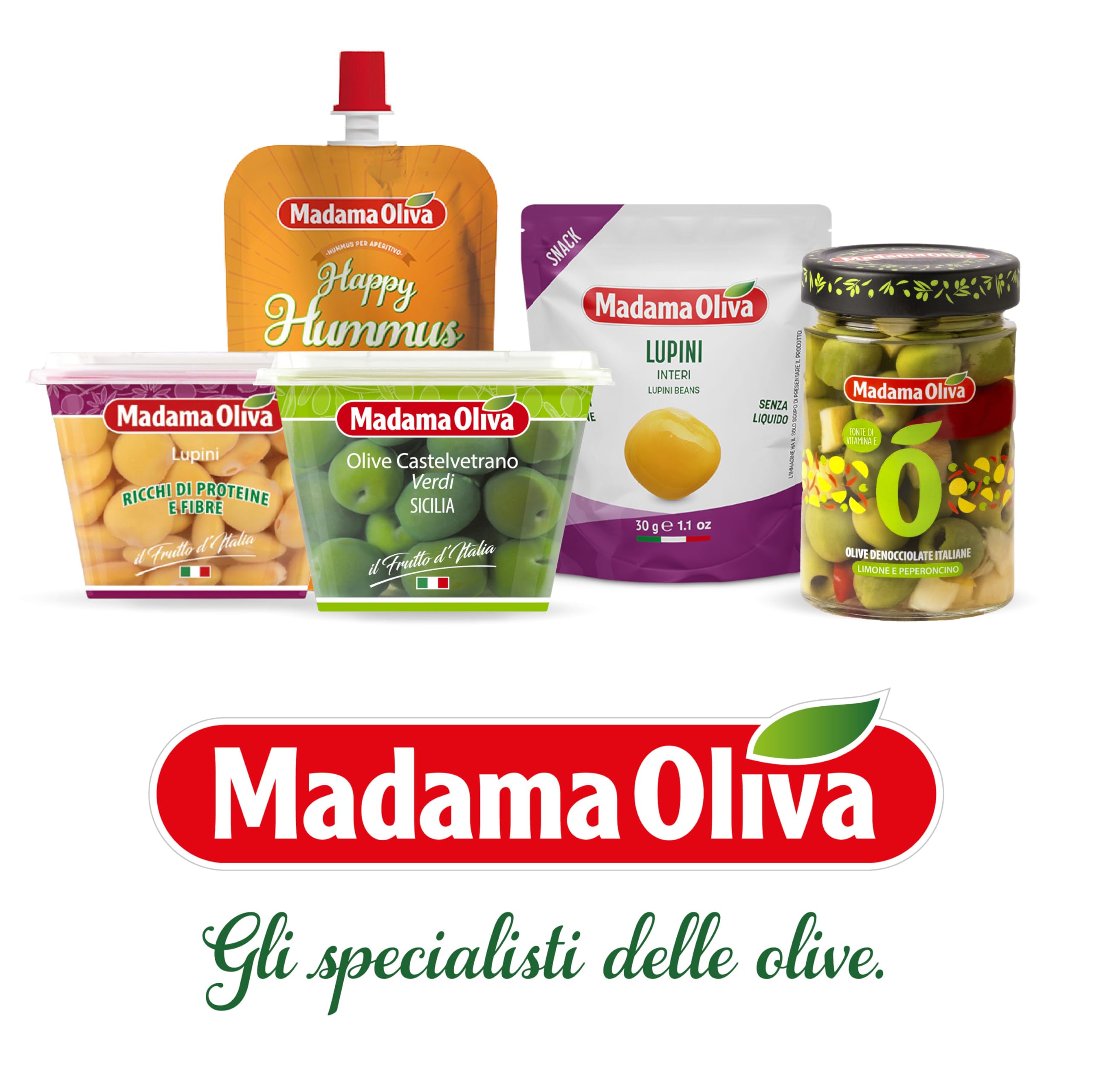 MADAMA OLIVA, Olive Verdi Denocciolate dal Colore Verde Intenso e Gusto Deciso, 100% Made in Italy, Senza Conservanti Aggiunti, 100% Vegetale, Box da 20 Buste in Alluminio da 30 gr