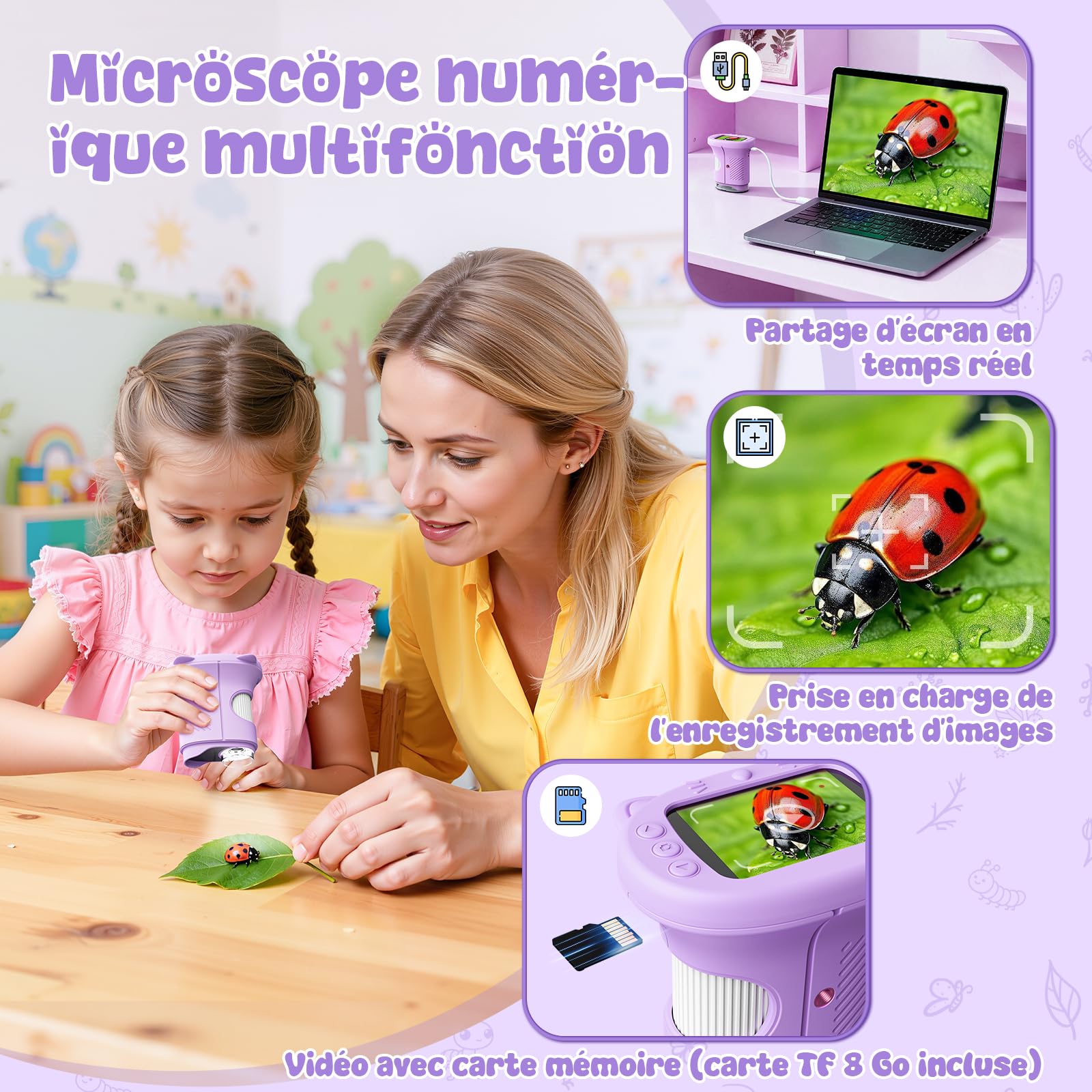 Microscope Enfant, 1000X Microscope Numérique pour Enfants, 2.4" Écran Portable Microscope de Poche, Jouets Sciences Éducatives, pour Les Filles de 3 4 5 6 7 8 9 10 Ans (Violet)