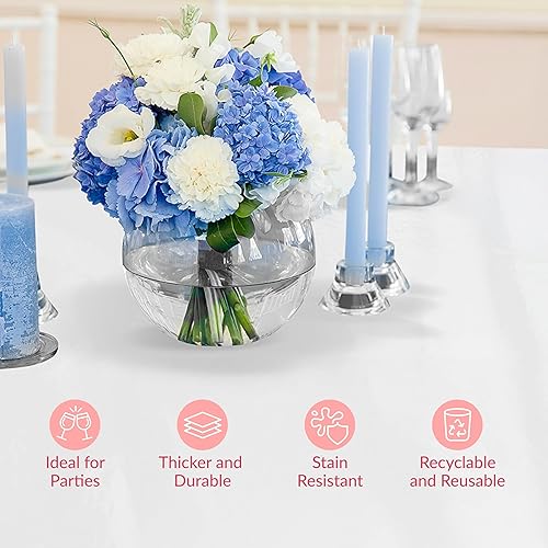 Vista 65 de Prestee Manteles redondos de plástico de 84 pulgadas, paquete de 24 manteles desechables de color blanco para fiestas, manteles redondos