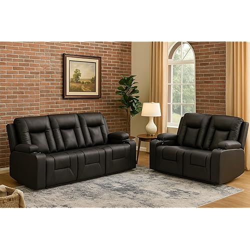 LUCKLIFE Leather Recliner Sofa Set with Manual Recliners,Living Room Furniture Set with Reclining Couch,Loveseat and Armchair,Living Room Chair with Cup Holders,Black (3+2)