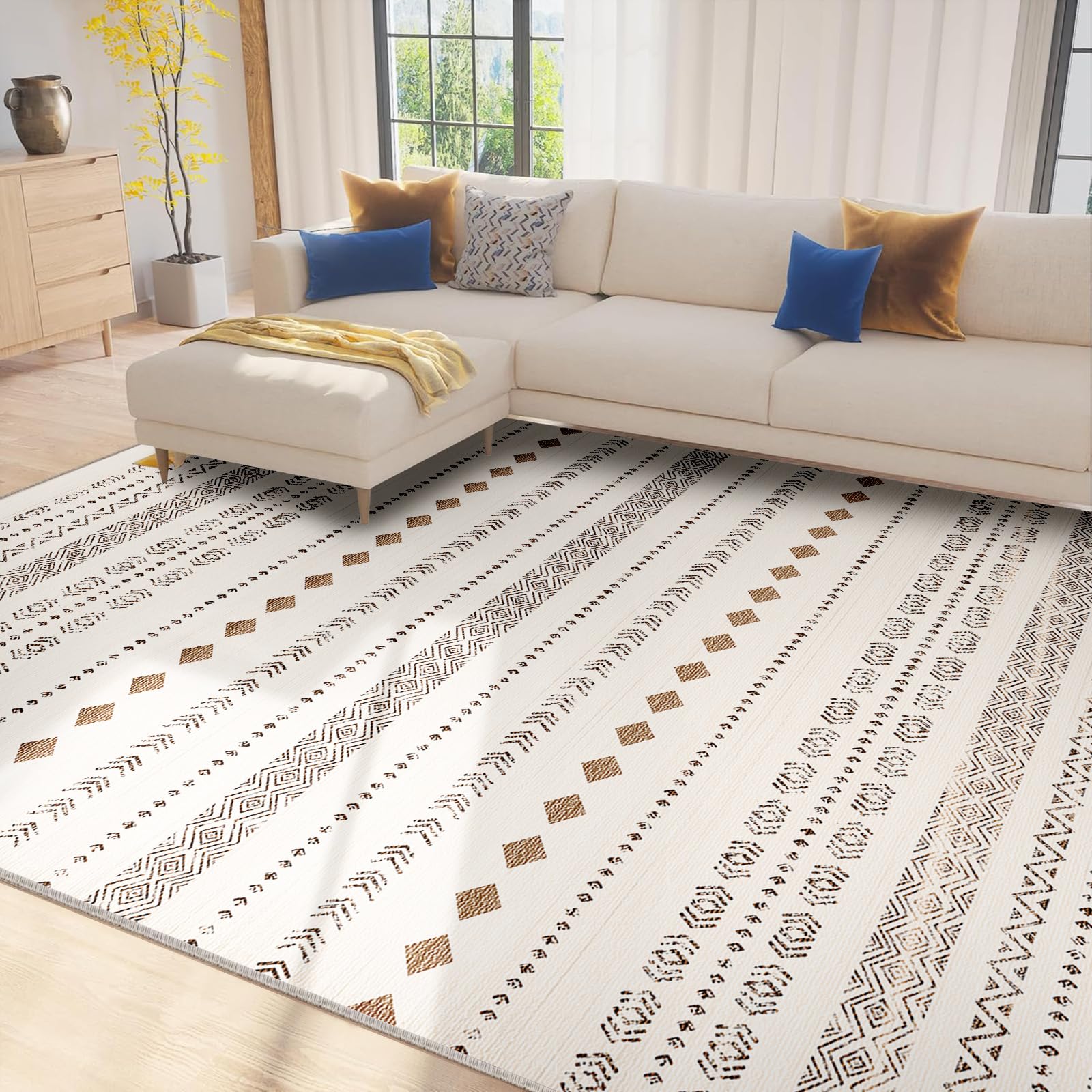 Area Rug 8x10 Washable Rugs for Living Room Rug Non-Slip, Soft Moroccan Geometric Farmhouse Low Pile Design Printed Carpet for Dining Room Bedroom Office Home Decor Brown