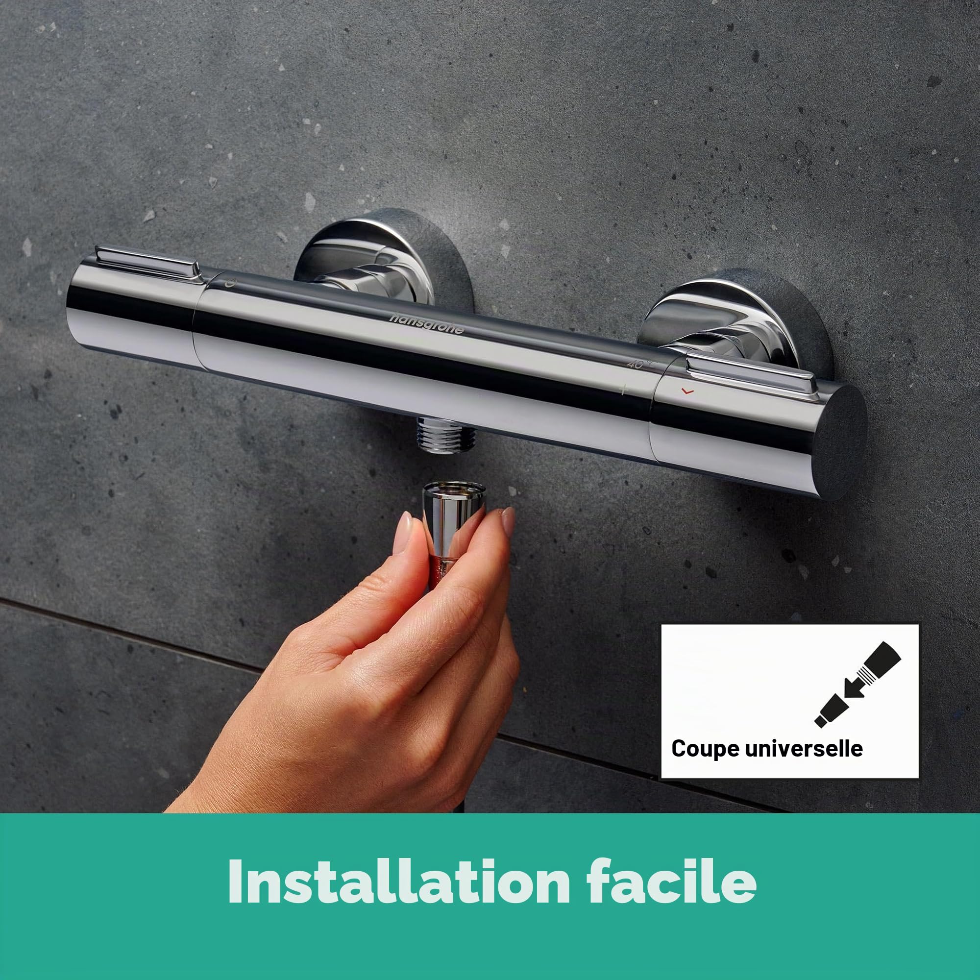hansgrohe Ecostat Element - Mitigeur de douche thermostatique avec EcoStop+, Robinet de douche apparent avec arrêt de sécurité (SafetyStop) à 40°C, Thermostat 1 sortie, Chromé, 13346000