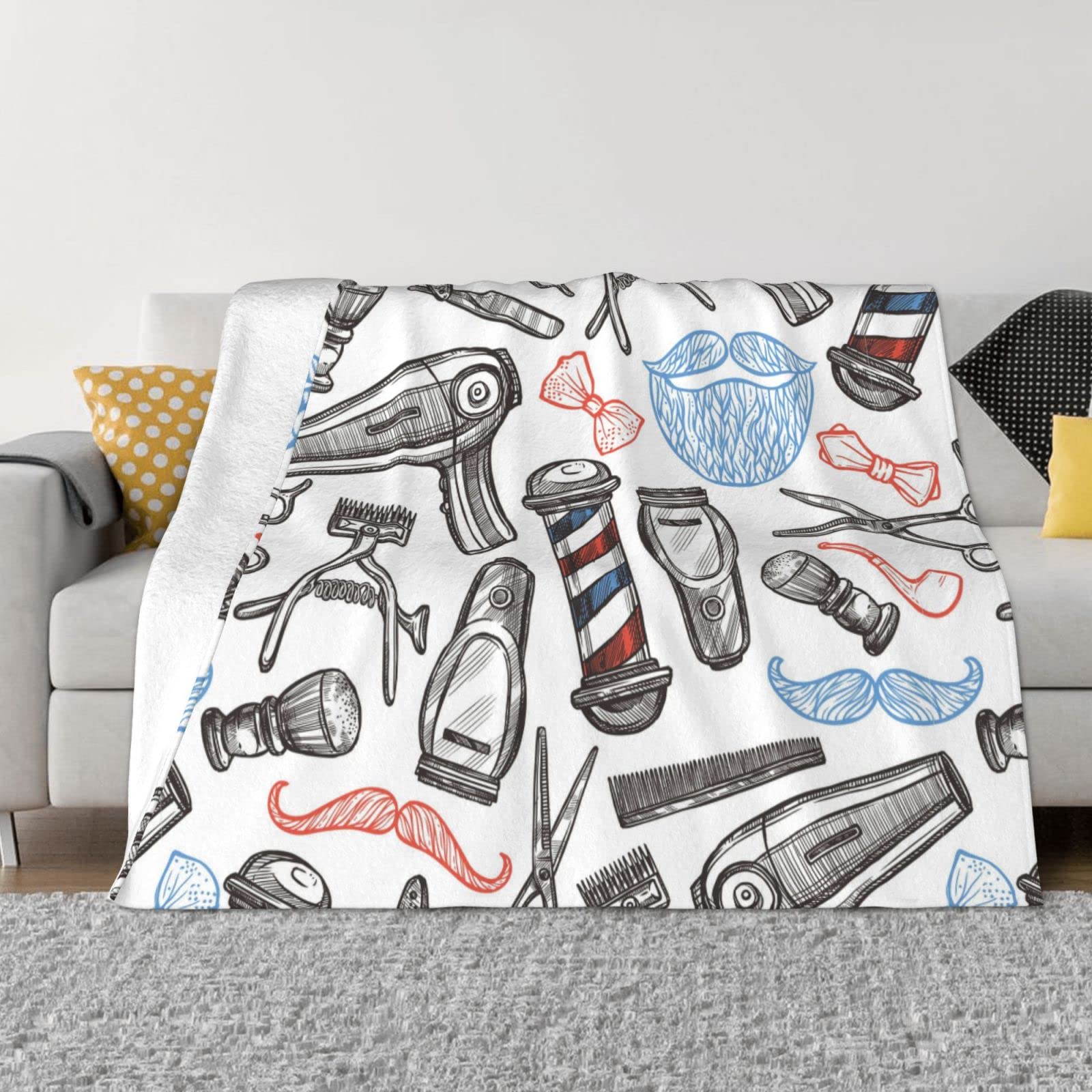 Couverture douce en flanelle de style monochrome Barber Shop, textile de lit haut de gamme